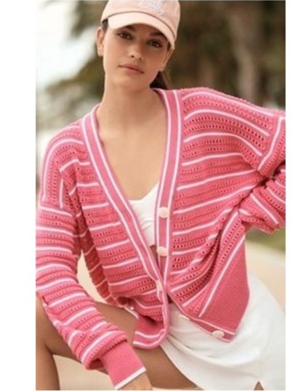 Varley Antonia Relaxed Cardigan Pink Stripe Cotton Knit Size M